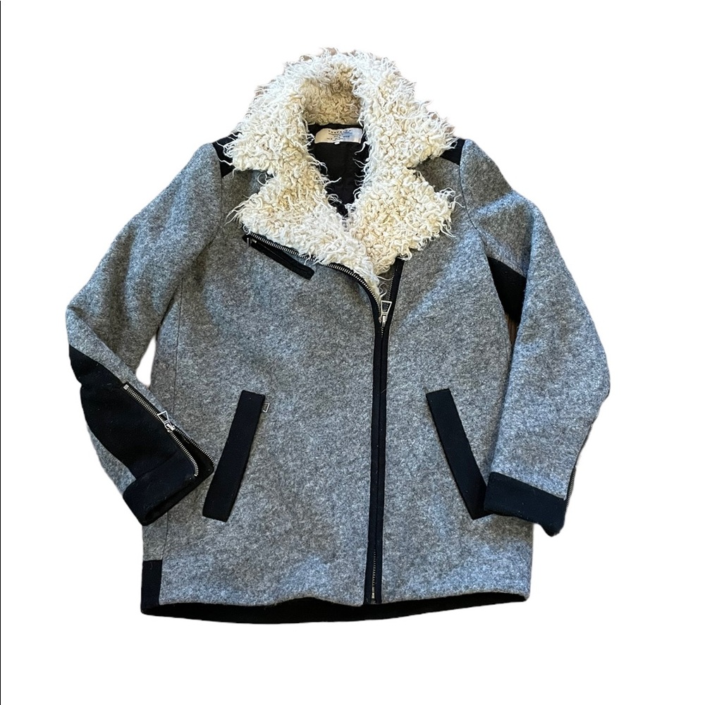 Zara Trafaluc Outfitter Wool Coat Shearling Collar Small